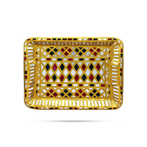 Tanjore Mirror Work Tray - 1 X 14 X 11 Inches | Decorative Plate/ Tanjore Designing Plate For Festive Decor - Pooja Plate & Tray
