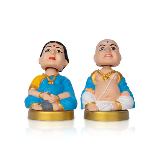Bobble Head Chettiar Chettichi Pair- 4.5 X 3 Inches | Blue Colour Mama Mami Bobble Head Doll For Home Decor - Table Stand Accessories