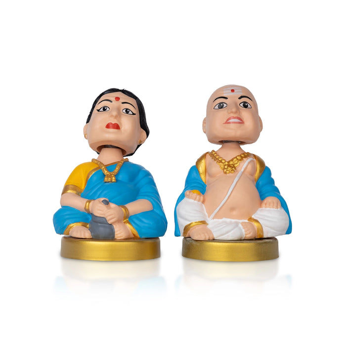 Bobble Head Chettiar Chettichi Pair- 4.5 X 3 Inches | Blue Colour Mama Mami Bobble Head Doll For Home Decor - Table Stand Accessories