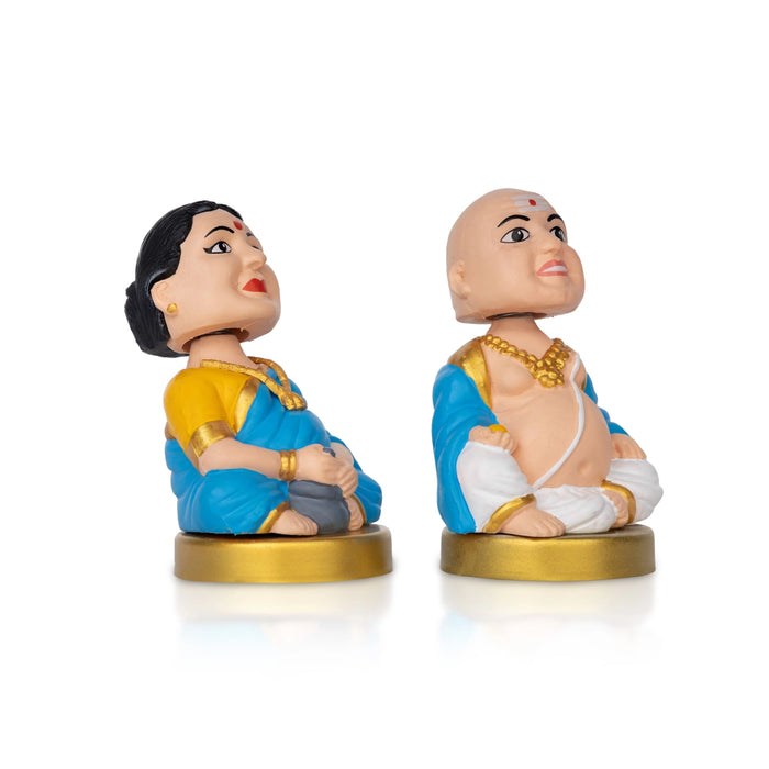 Bobble Head Chettiar Chettichi Pair- 4.5 X 3 Inches | Blue Colour Mama Mami Bobble Head Doll For Home Decor - Table Stand Accessories