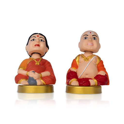 Bobble Head Chettiar Chettichi Pair - 4.5 X 3 Inches | Orange Colour Mama Mami Bobble Head Doll For Home Decor - Table Stand Accessories
