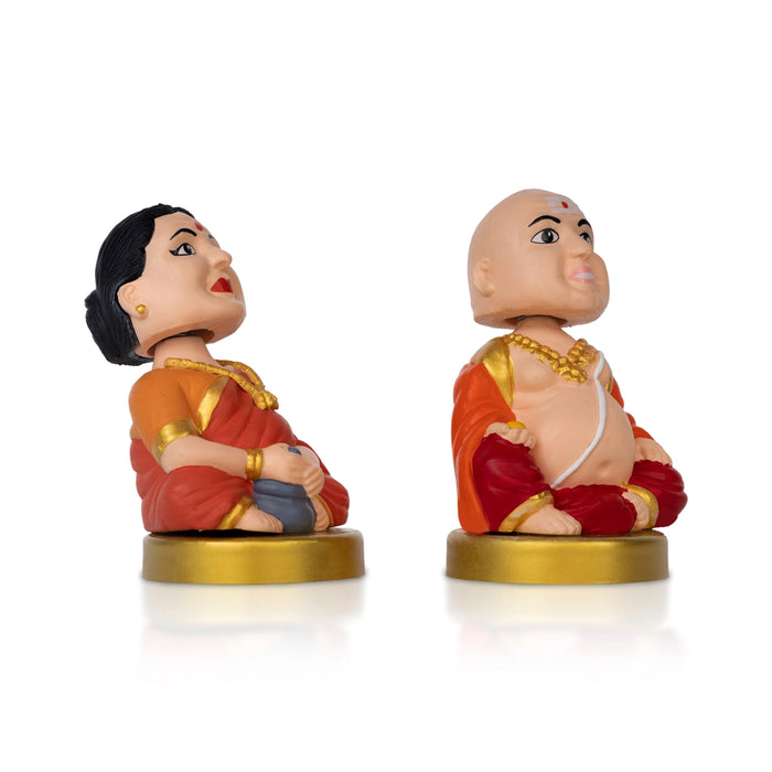 Bobble Head Chettiar Chettichi Pair - 4.5 X 3 Inches | Orange Colour Mama Mami Bobble Head Doll For Home Decor - Table Stand Accessories