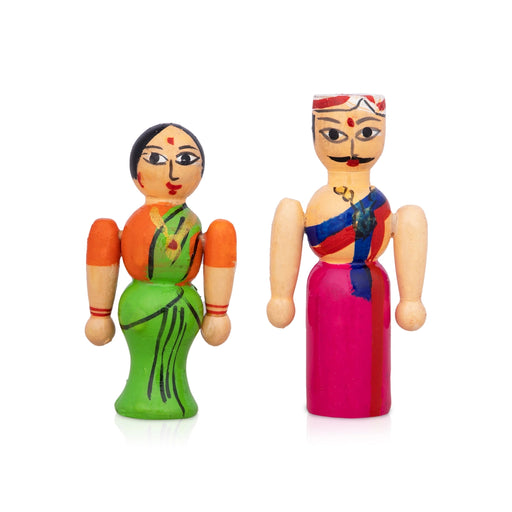 Raja Rani Pair - 3.5 x 1.75 Inches | Wood Sculpture/ Painted Wooden Toy for Table Top & Kids - Traditional Games & Toys