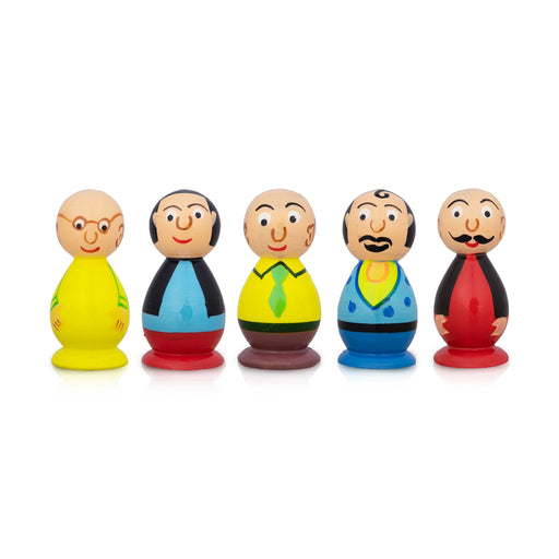Motu Patlu Set - 3 x 1.5 Inches | 5 Pcs/ Coloured Wood Sculpture/ Wooden Cartoon Play Toys for Kids - Traditional Games & Toys