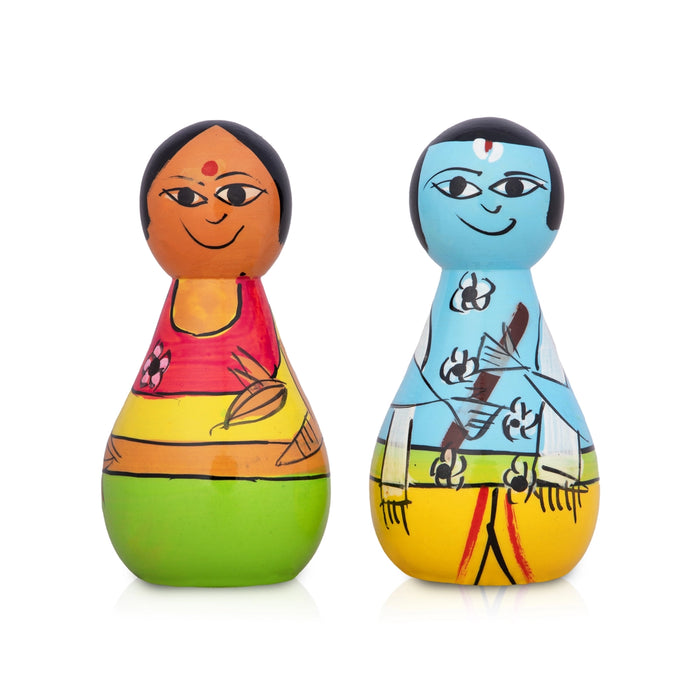 Radha Krishna Murti Pair - 4 x 2 Inches | 2 Pcs/ Wood Sculpture/ Painted Wooden Statue for Home - Wooden Murties