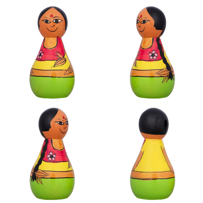 Radha Krishna Murti Pair - 4 x 2 Inches | 2 Pcs/ Wood Sculpture/ Painted Wooden Statue for Home - Wooden Murties