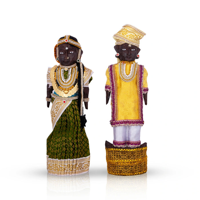 Decorative Marapachi Bommai Pair - 12 x 4 Inches | Wood Sculpture/ Marapachi Doll/ Kolu Bommai for Home Decor - Marapachi Bommai