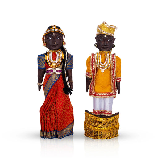Decorative Marapachi Bommai Pair - 12 x 4 Inches | Wood Sculpture/ Marapachi Doll/ Kolu Bommai for Home Decor - Marapachi Bommai