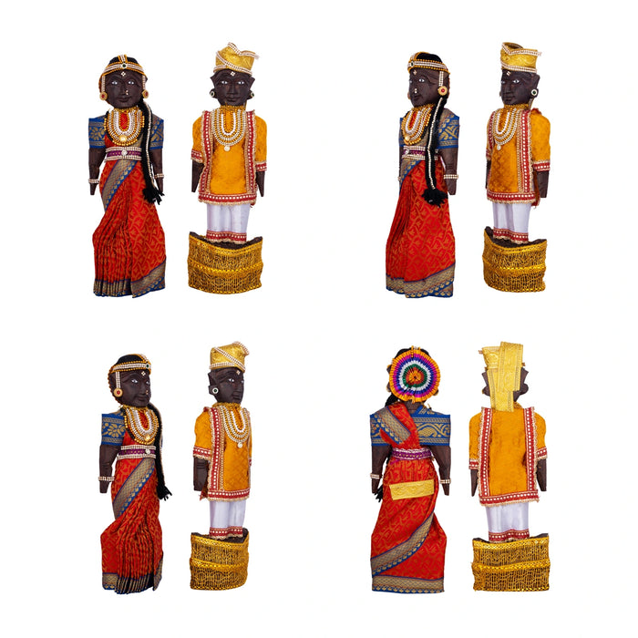 Decorative Marapachi Bommai Pair - 12 x 4 Inches | Wood Sculpture/ Marapachi Doll/ Kolu Bommai for Home Decor - Marapachi Bommai