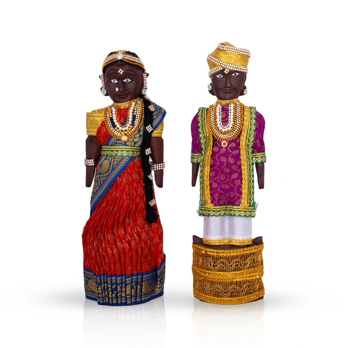 Decorative Marapachi Bommai Pair - 12 x 4 Inches | Wood Sculpture/ Marapachi Doll/ Kolu Bommai for Home Decor - Marapachi Bommai