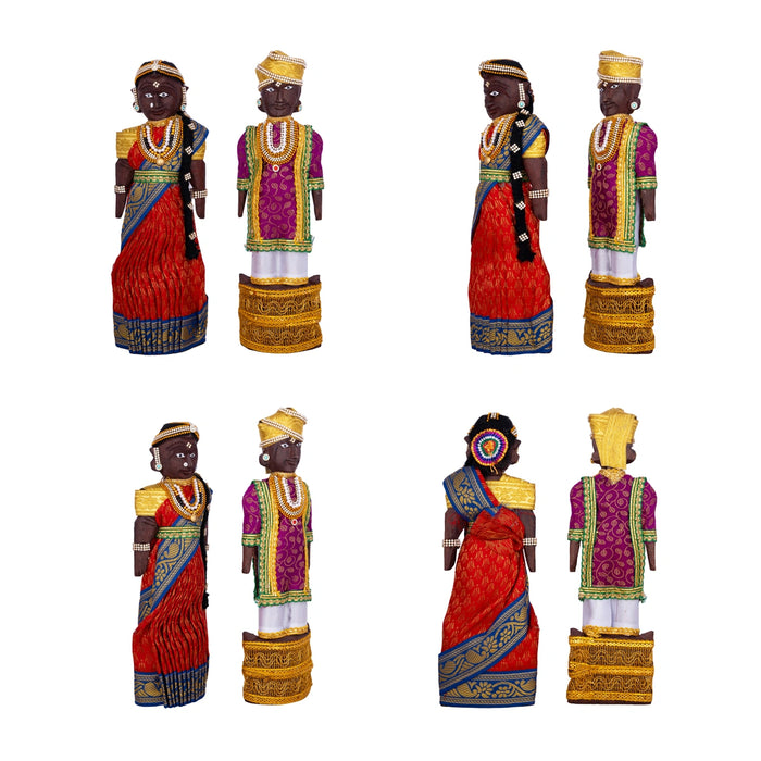 Decorative Marapachi Bommai Pair - 12 x 4 Inches | Wood Sculpture/ Marapachi Doll/ Kolu Bommai for Home Decor - Marapachi Bommai