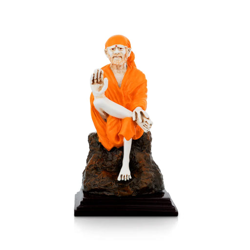 Saibaba Statue - 5 x 2.7 Inches | Saffron Finish Saibaba Idol / Saibaba Sitting Murti/ Shirdi Sai Baba Vigraham - Fibre Murties