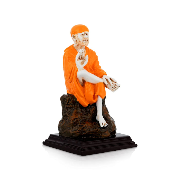 Saibaba Statue - 5 x 2.7 Inches | Saffron Finish Saibaba Idol / Saibaba Sitting Murti/ Shirdi Sai Baba Vigraham - Fibre Murties