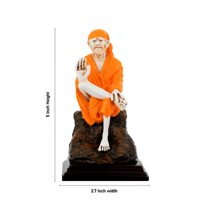 Saibaba Statue - 5 x 2.7 Inches | Saffron Finish Saibaba Idol / Saibaba Sitting Murti/ Shirdi Sai Baba Vigraham - Fibre Murties