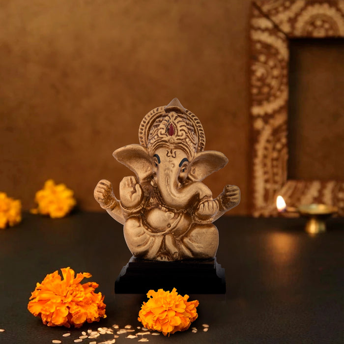 Ganesh Murti With Base - 3 x 2.5 Inches | Resin Ganpati Murti/ Sitting Vinayaka Statue for Pooja - Fibre Murties