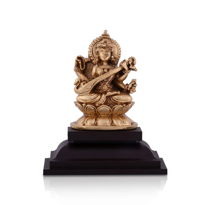 Saraswati Murti Sitting On Lotus Flower - 4 x 3.25 Inches | Resin Statue/ Saraswathy Idol With Base for Pooja