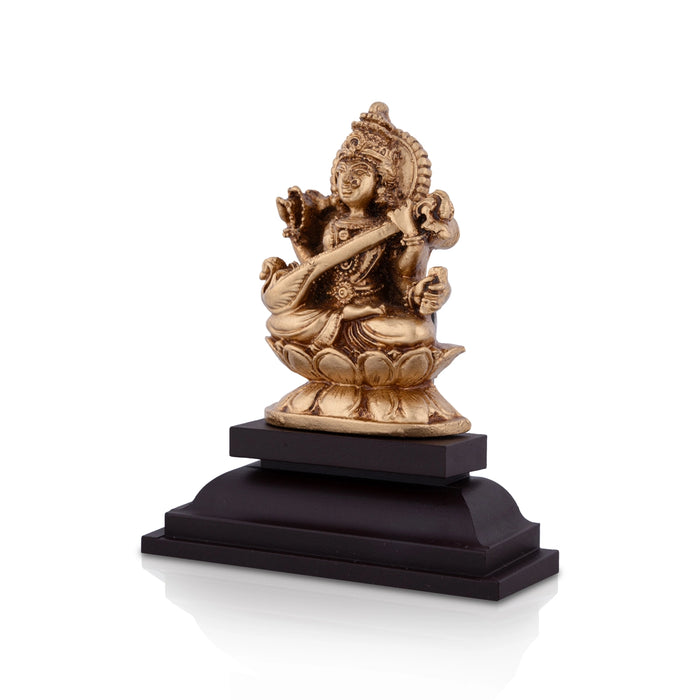 Saraswati Murti Sitting On Lotus Flower - 4 x 3.25 Inches | Resin Statue/ Saraswathy Idol With Base for Pooja