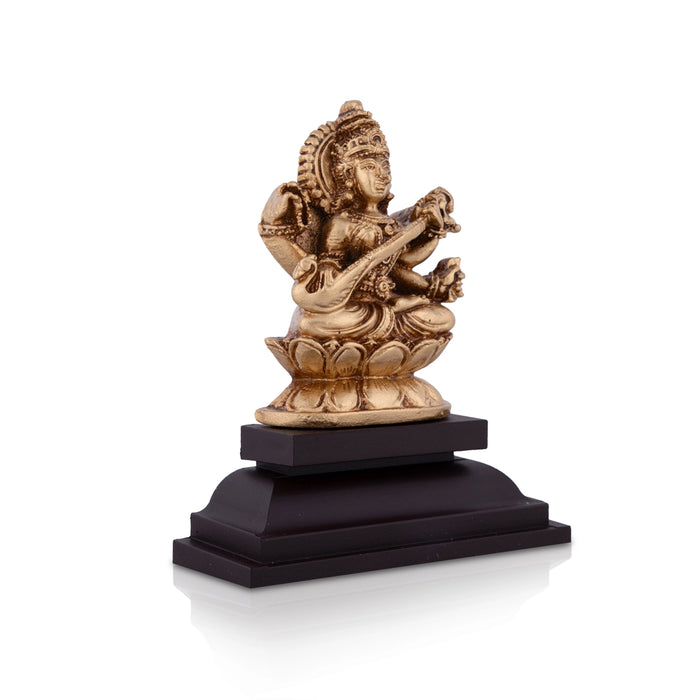 Saraswati Murti Sitting On Lotus Flower - 4 x 3.25 Inches | Resin Statue/ Saraswathy Idol With Base for Pooja