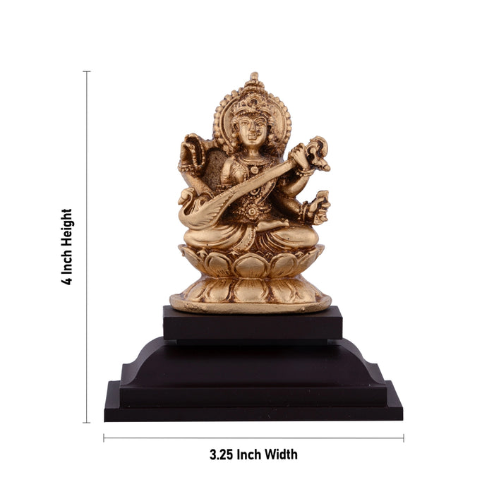 Saraswati Murti Sitting On Lotus Flower - 4 x 3.25 Inches | Resin Statue/ Saraswathy Idol With Base for Pooja