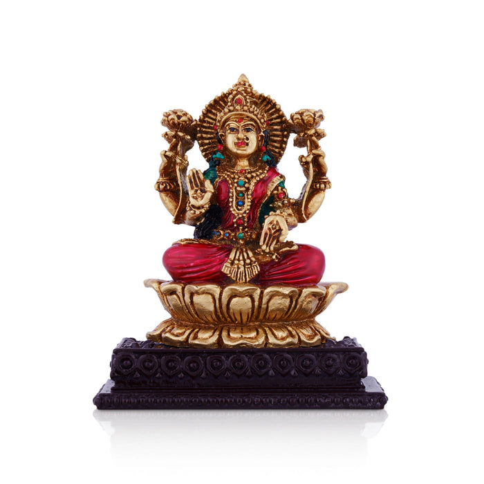 Lakshmi Idol Sitting On Lotus Flower - 4 x 3.5 Inches | Resin Statue/ Coloured Laxmi Idol for Pooja