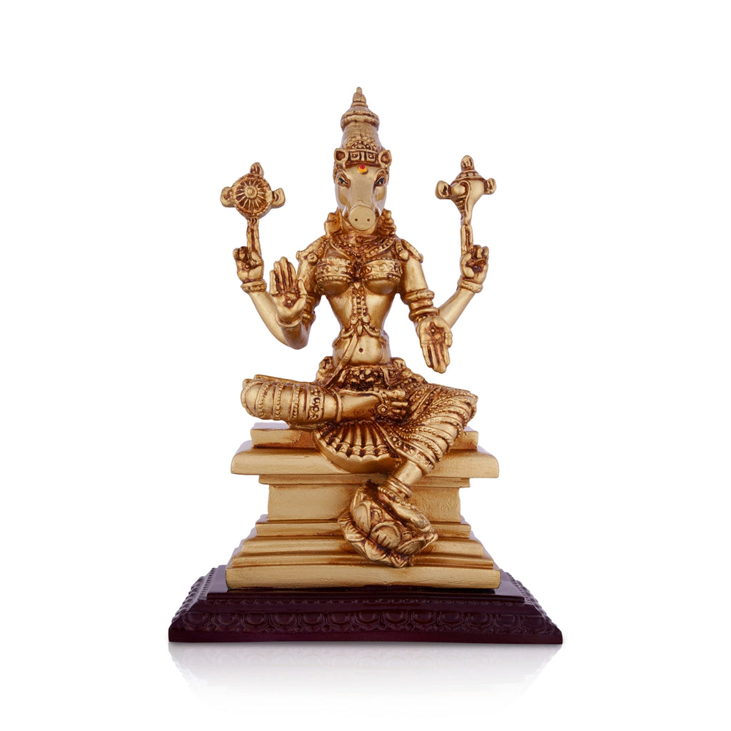 Varahi Amman Statue Sitting On Base - 7.5 x 5 Inches | Resin Statue/ Gold Polish Varahi Idol for Pooja