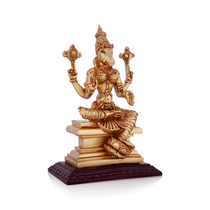 Varahi Amman Statue Sitting On Base - 7.5 x 5 Inches | Resin Statue/ Gold Polish Varahi Idol for Pooja