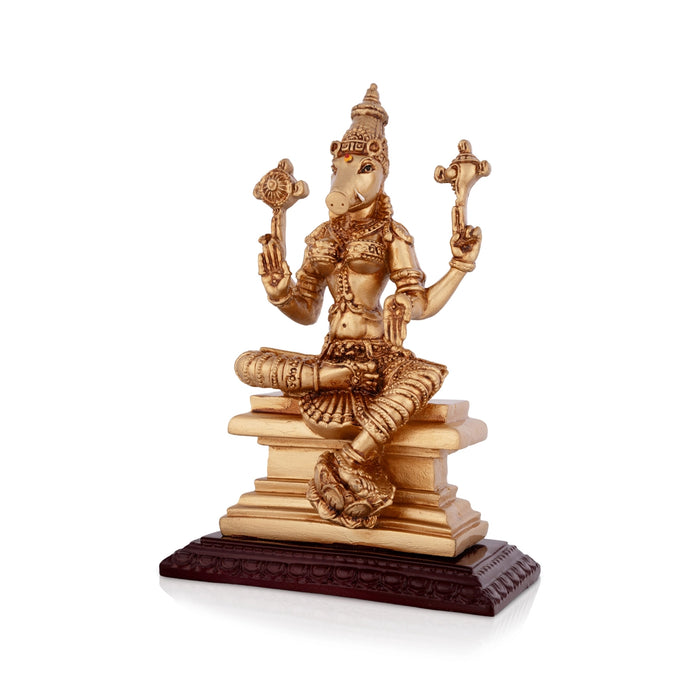 Varahi Amman Statue Sitting On Base - 7.5 x 5 Inches | Resin Statue/ Gold Polish Varahi Idol for Pooja