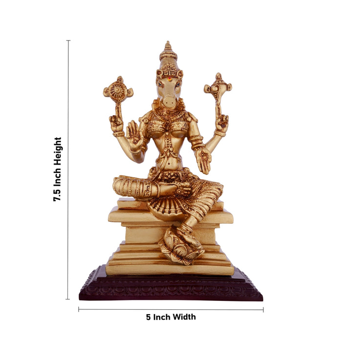 Varahi Amman Statue Sitting On Base - 7.5 x 5 Inches | Resin Statue/ Gold Polish Varahi Idol for Pooja