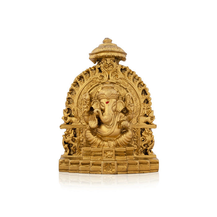 Ganesh Murti Sitting On Simhasan - 5 x 4 Inches | Resin Statue/ Gold Polish Vinayaka Idol for Pooja/ 320 Gms