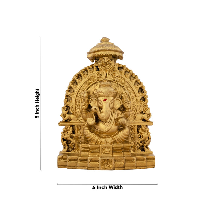 Ganesh Murti Sitting On Simhasan - 5 x 4 Inches | Resin Statue/ Gold Polish Vinayaka Idol for Pooja/ 320 Gms