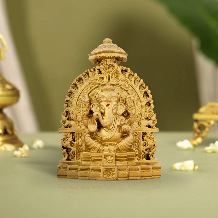 Ganesh Murti Sitting On Simhasan - 5 x 4 Inches | Resin Statue/ Gold Polish Vinayaka Idol for Pooja/ 320 Gms