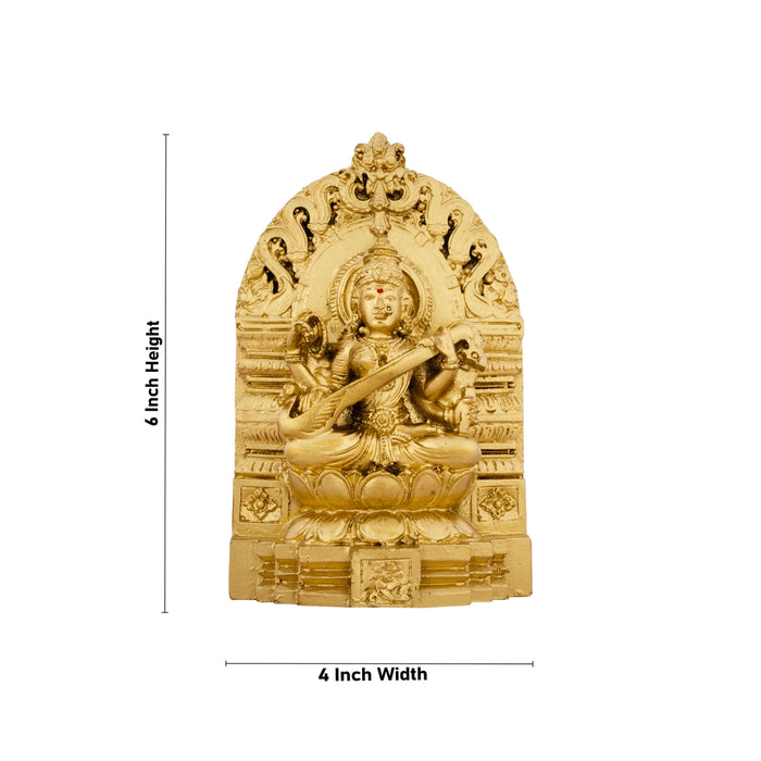 Saraswati Murti With Arch - 6 x 4 Inches | Resin Statue/ Gold Polish Saraswati Idol for Pooja/ 500 Gms Approx