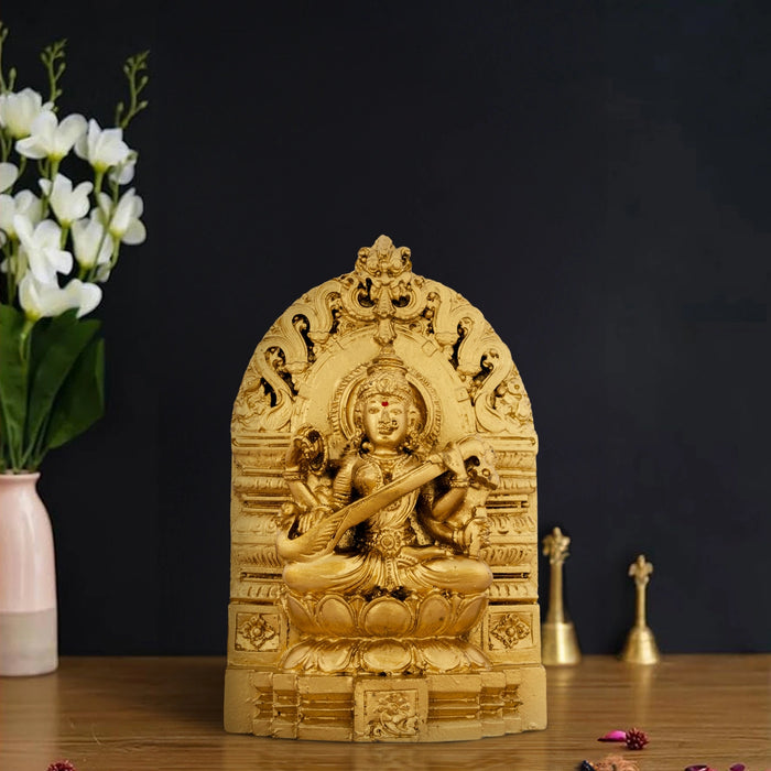 Saraswati Murti With Arch - 6 x 4 Inches | Resin Statue/ Gold Polish Saraswati Idol for Pooja/ 500 Gms Approx