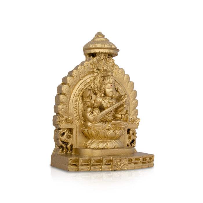 Simhasan Saraswati Murti - 5 x 4 Inches | Resin Statue/ Gold Polish Saraswati Idol for Pooja/ 300 Gms Approx