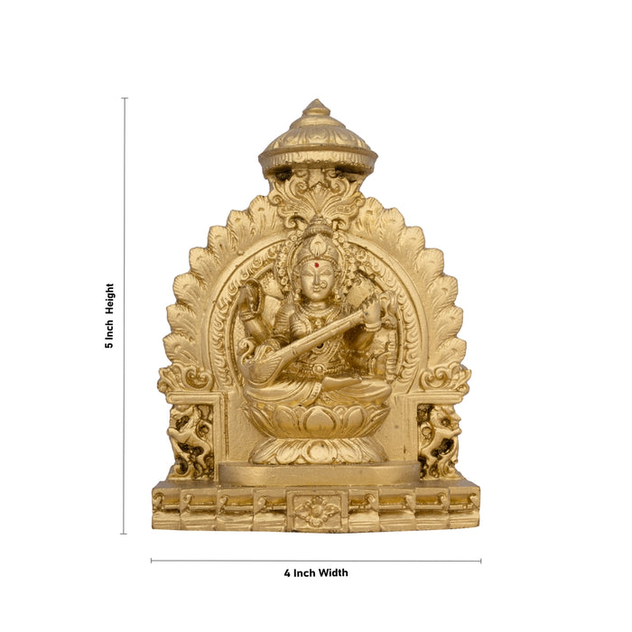 Simhasan Saraswati Murti - 5 x 4 Inches | Resin Statue/ Gold Polish Saraswati Idol for Pooja/ 300 Gms Approx