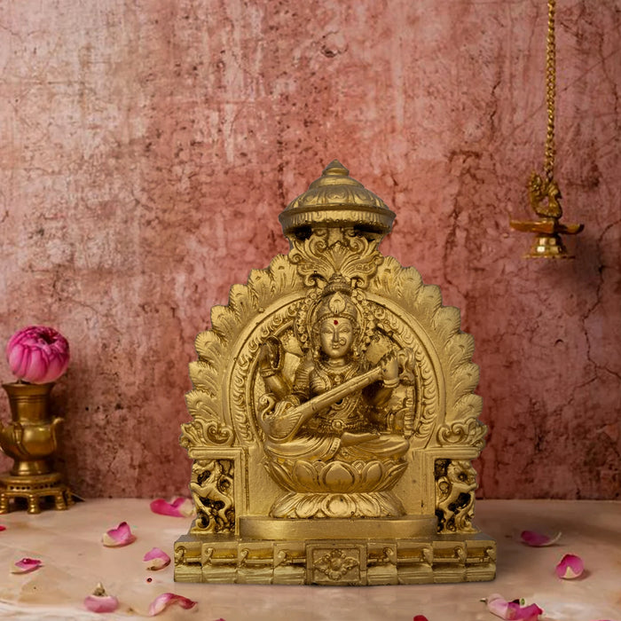 Simhasan Saraswati Murti - 5 x 4 Inches | Resin Statue/ Gold Polish Saraswati Idol for Pooja/ 300 Gms Approx