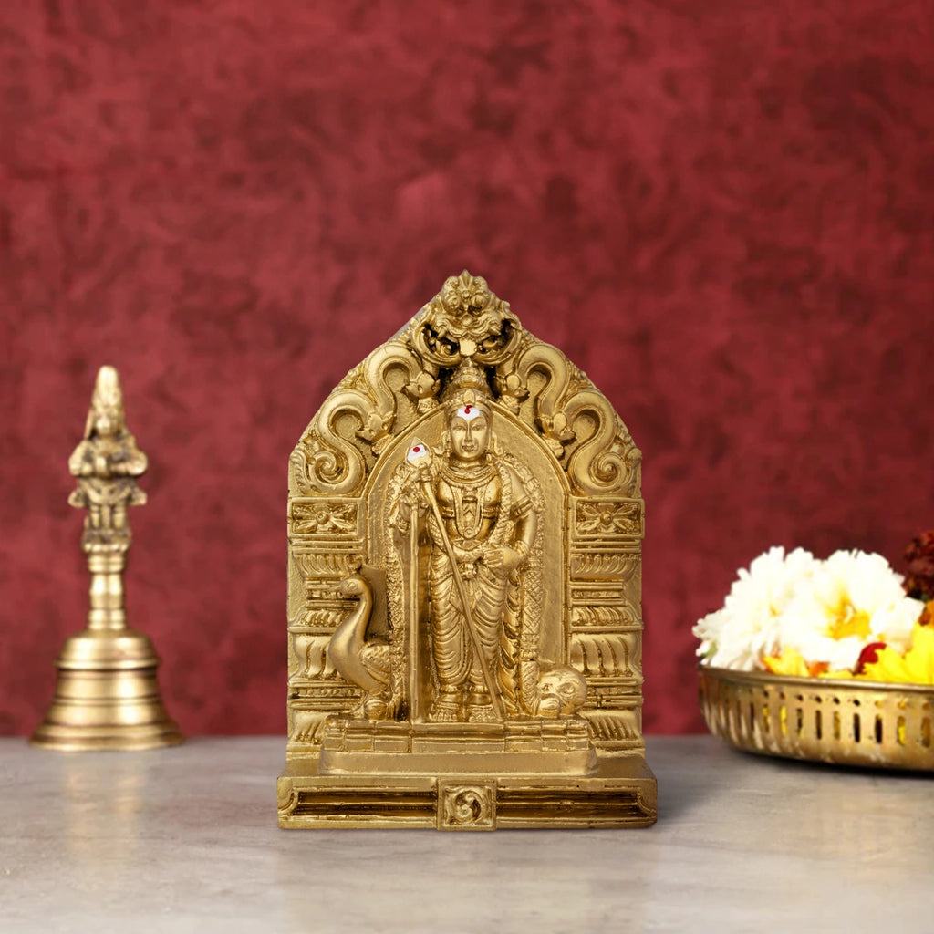 Murugan Statue With Arch - 4.5 x 3.25 Inches | Resin Statue/ Gold Polish Murugan Idol for Pooja/ 318 Gms Approx