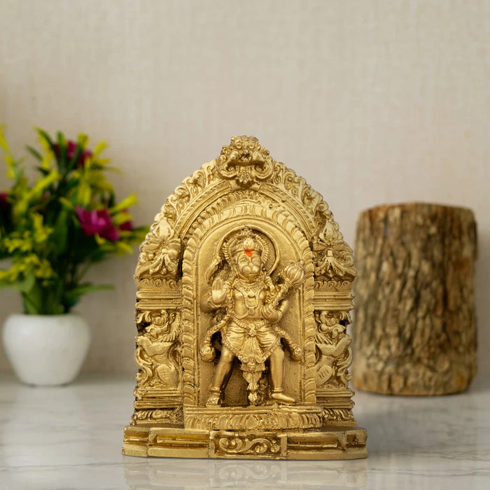 Anjaneya Statue With Arch - 4.5 x 3.25 Inches | Resin Statue/ Gold Polish Hanuman Statue for Pooja/ 218 Gms