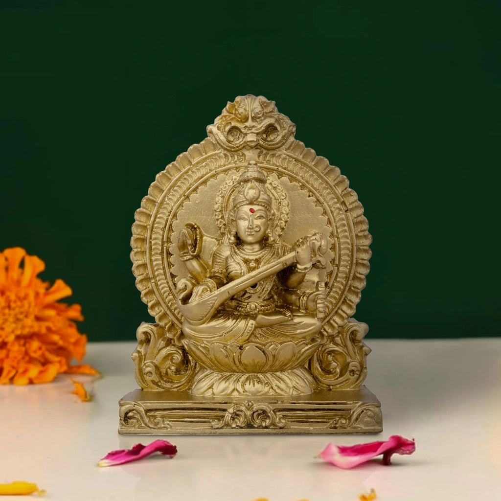 Saraswati Murti With Arch - 4.5 x 3.25 Inches | Resin Statue/ Gold Polish Saraswati Idol for Pooja/ 217 Gms