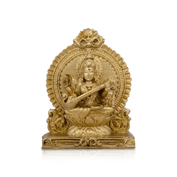 Saraswati Murti With Arch - 4.5 x 3.25 Inches | Resin Statue/ Gold Polish Saraswati Idol for Pooja/ 217 Gms