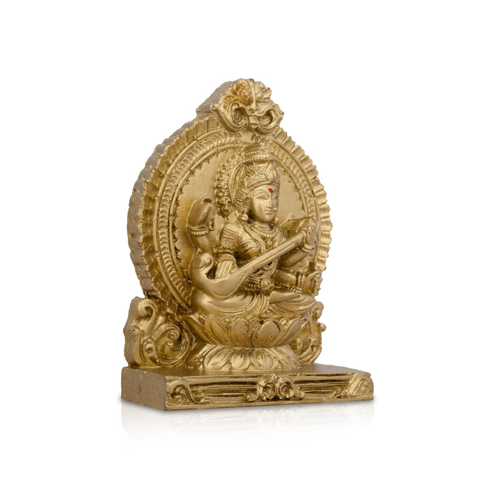 Saraswati Murti With Arch - 4.5 x 3.25 Inches | Resin Statue/ Gold Polish Saraswati Idol for Pooja/ 217 Gms