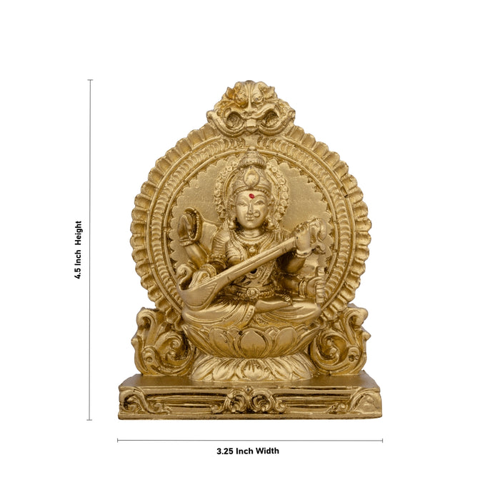 Saraswati Murti With Arch - 4.5 x 3.25 Inches | Resin Statue/ Gold Polish Saraswati Idol for Pooja/ 217 Gms