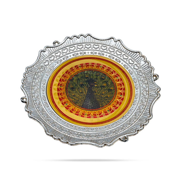 Decorative Plate | Peacock Design Serving Tray/ Silver Polish Kitchen Tray for Home - Pooja Plate & Tray