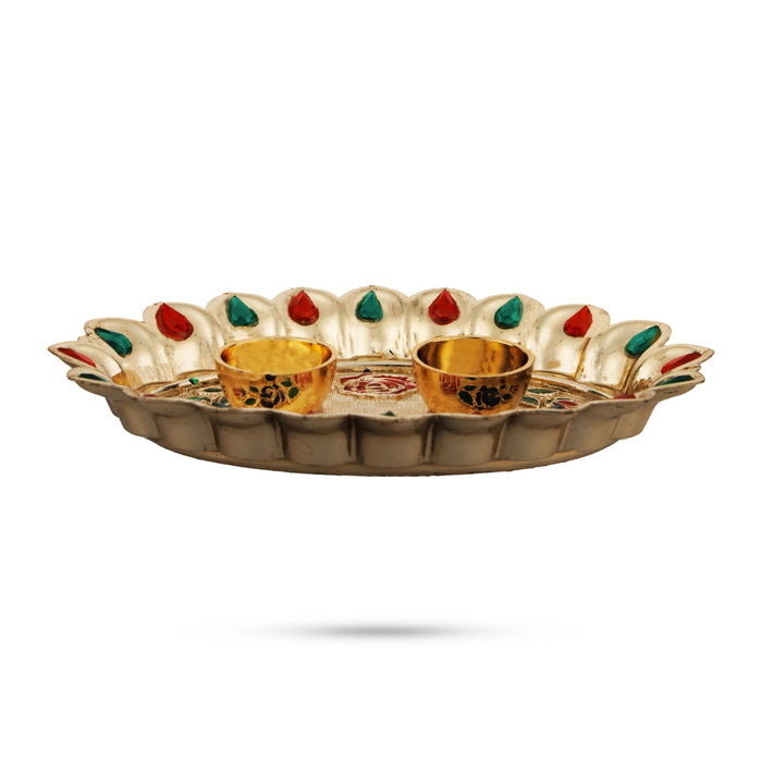 Decorated Plate with Two Chandan Cup - 1 x 6 Inches | Sindoor Plate/ Kumkum Tray/ Haldi Kumkum Plate for Home - Sindoor Box