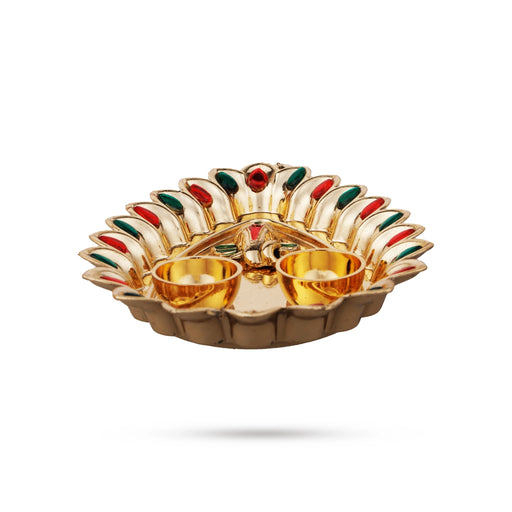 Decorated Plate with Two Chandan Cup - 1 x 6 Inches | Sindoor Plate/ Kumkum Tray/ Haldi Kumkum Plate for Home - Sindoor Box