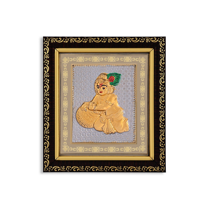Butter Krishna Murti Photo Frame - 5.5 X 5 Inches | Gold Polish Wall Picture Frame For Auspicious Vibes - Hindu God Photos & Frames