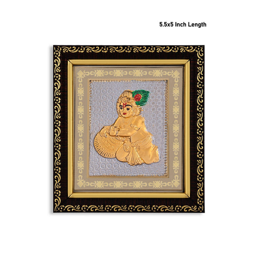 Butter Krishna Murti Photo Frame - 5.5 X 5 Inches | Gold Polish Wall Picture Frame For Auspicious Vibes - Hindu God Photos & Frames