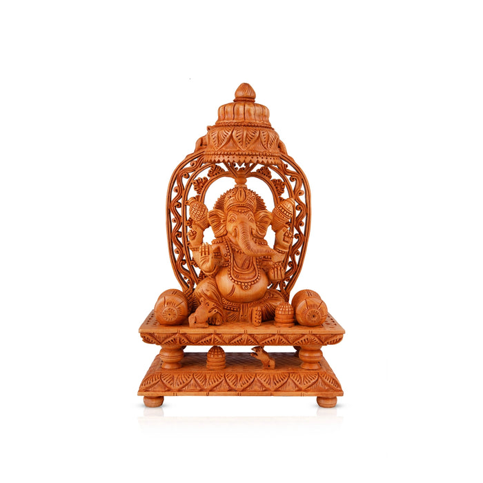 Ganesh Murti With Arch - 10 x 7.5 Inches | Wooden Statue/ Ganpati Murti Sitting On Chowki for Pooja