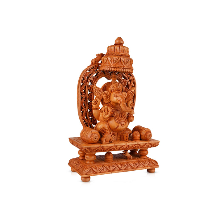 Ganesh Murti With Arch - 10 x 7.5 Inches | Wooden Statue/ Ganpati Murti Sitting On Chowki for Pooja