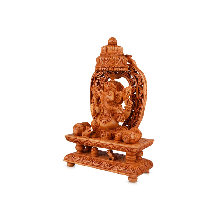 Ganesh Murti With Arch - 10 x 7.5 Inches | Wooden Statue/ Ganpati Murti Sitting On Chowki for Pooja